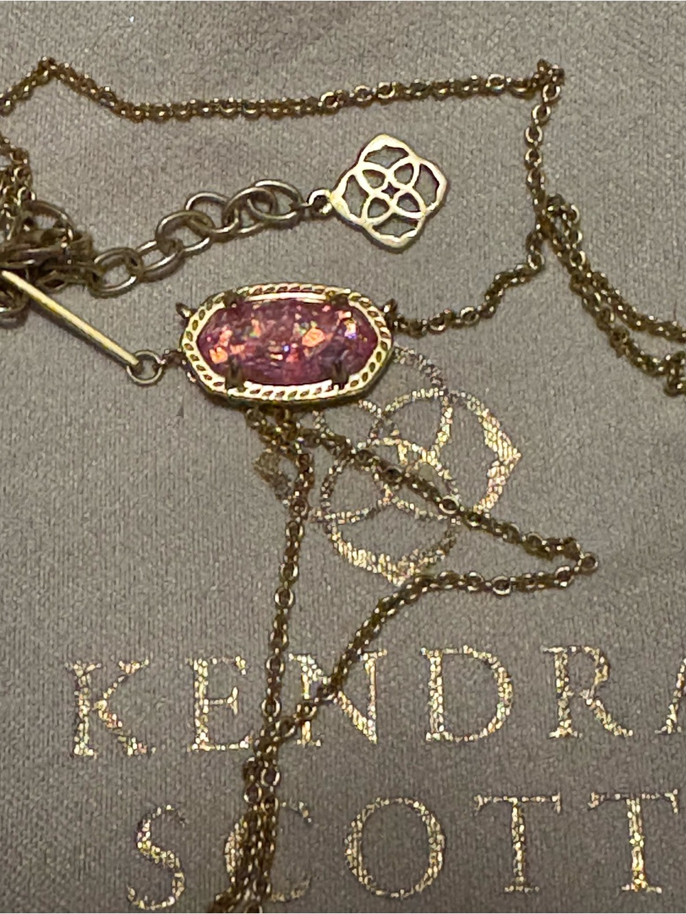 Kendra Scott Gold Necklace with Pink Iridescent Shimmer Glass Stone